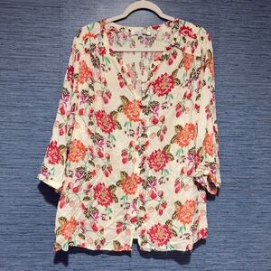 Rose +‎ Olive Women’s Top Plus Size 2XL Floral V-Neck 3/4 Sleeve Flowy Relaxed
